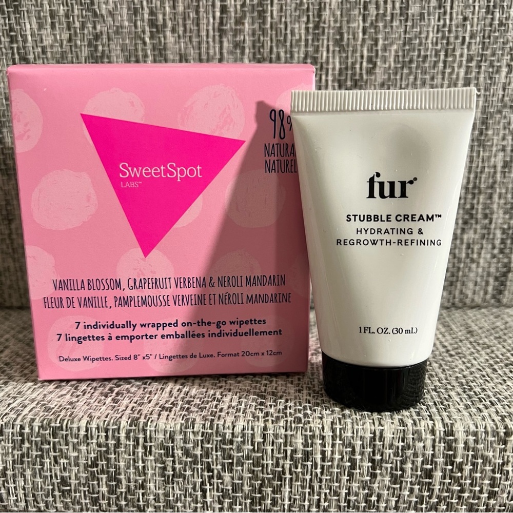 Fur stubble cream and Sweet Spot Labs on the go wipettes bundle